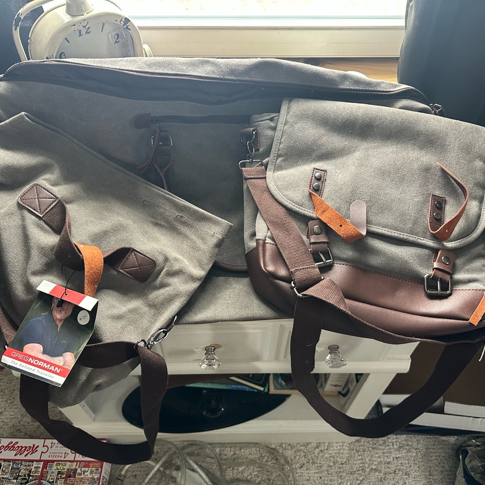 3-Piece Greg Norman Collection Olive Green and Brown Canvas Messenger Bag